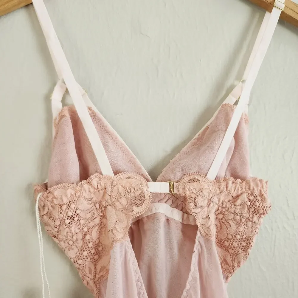 NWT We Are Hah x Free People Bust Out Lace Mesh Bodysuit Sheer Pink Floral XS